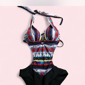 OP Red and Blue Patterned Women's One-Piece Swimsuit